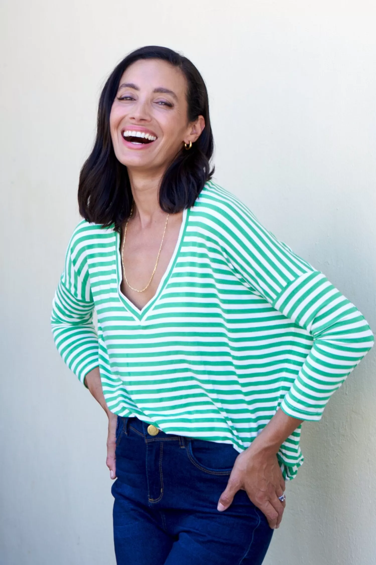 Carolina Long Sleeve*Erica Essential Long Sleeve Top Striped Emerald