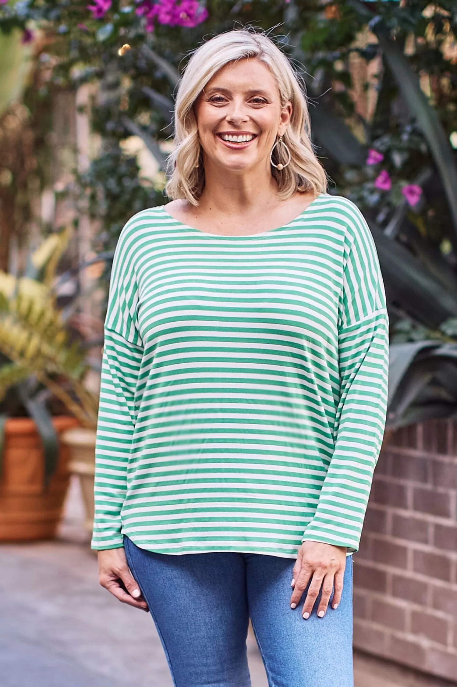 Carolina Long Sleeve*Erica Essential Top Round Neck Striped Emerald