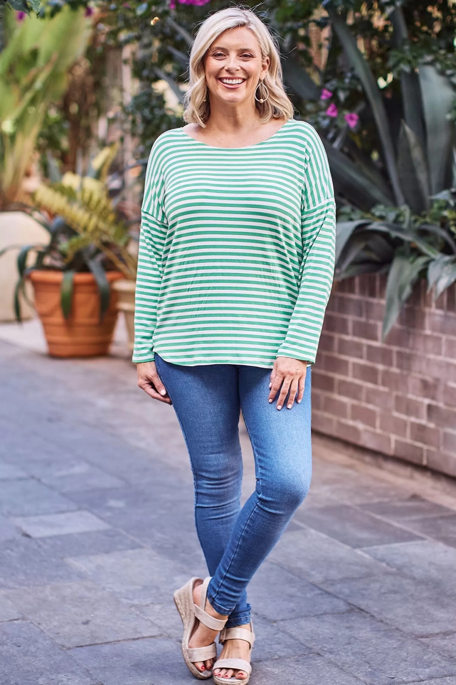 Carolina Long Sleeve*Erica Essential Top Round Neck Striped Emerald