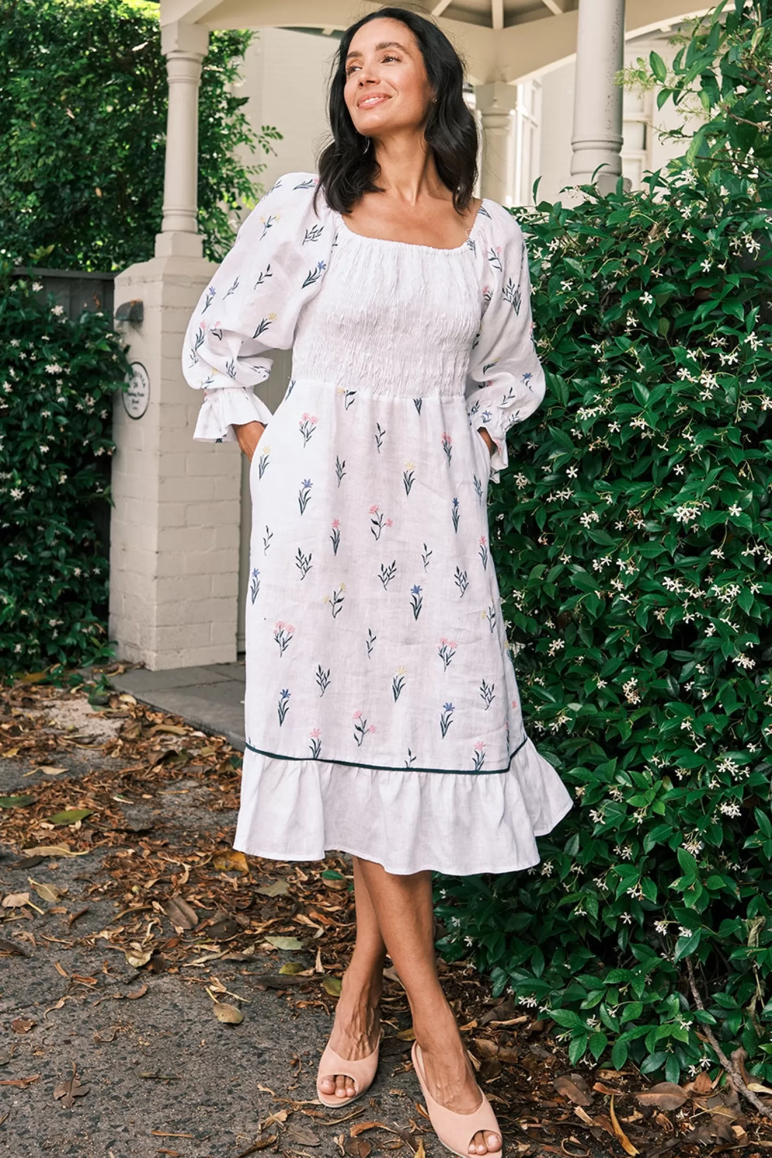 Carolina Long Sleeve*Grace Pure Linen Embroidered Ruched Dress