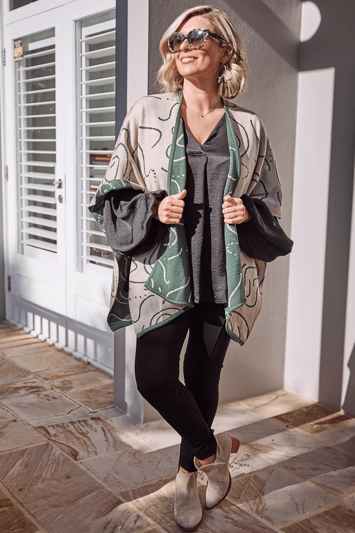 Carolina Knitwear | Capes & Kaftans*Hollie Wrap Ivory and Emerald Swirls