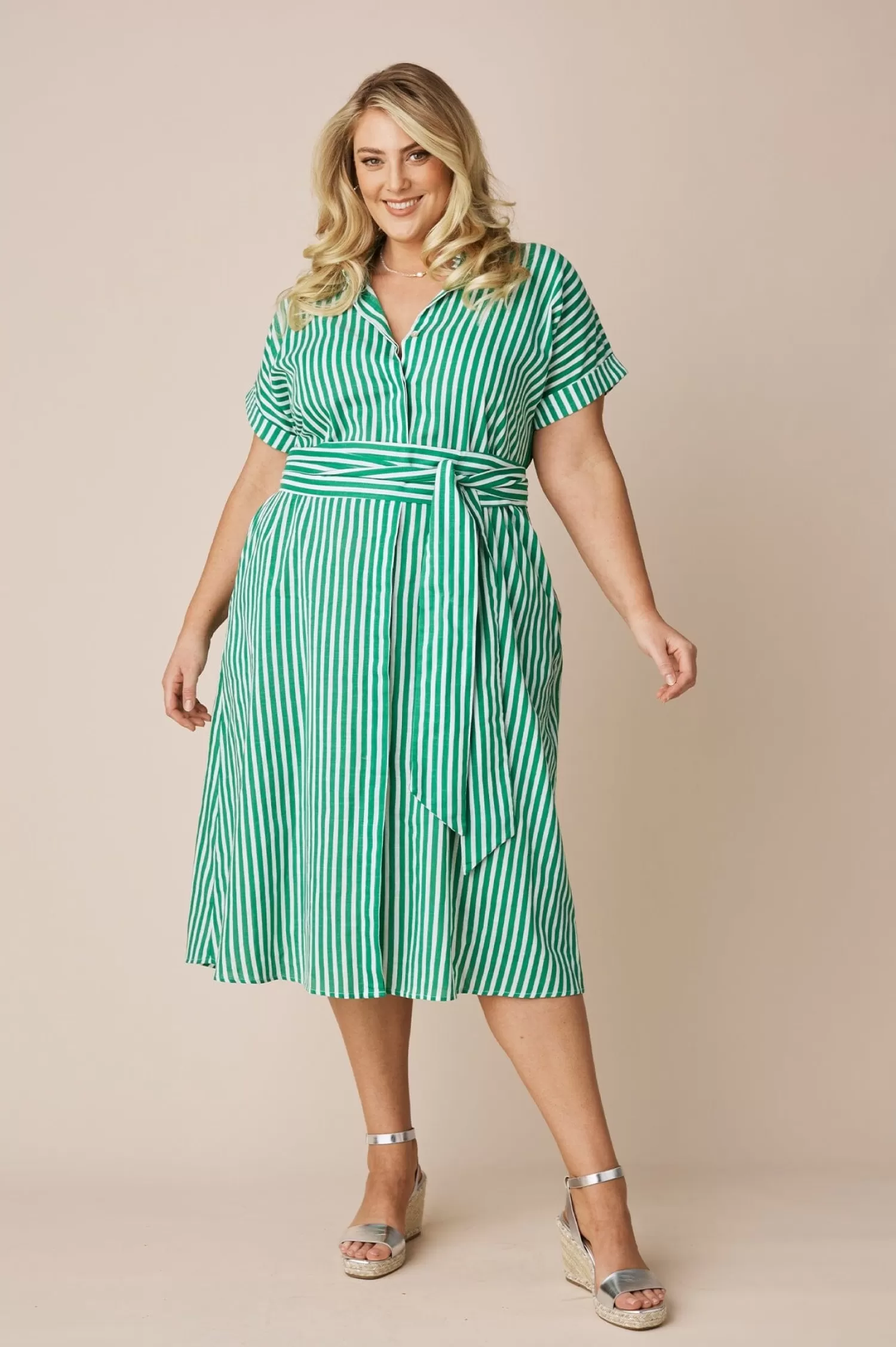 Carolina Short Sleeve*Laura Striped Dress Emerald