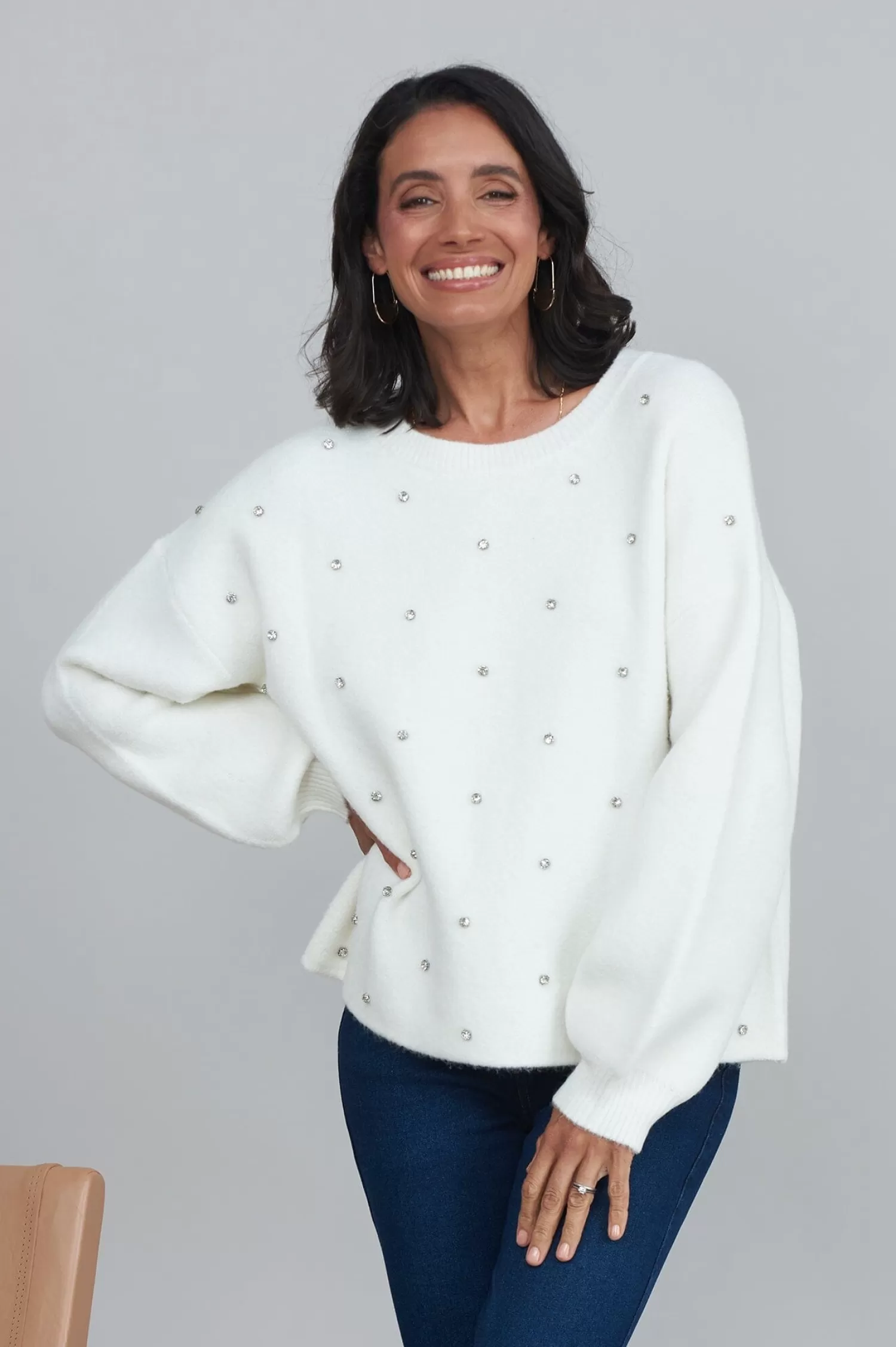 Carolina Knitwear*Lenya Diamante Jumper White