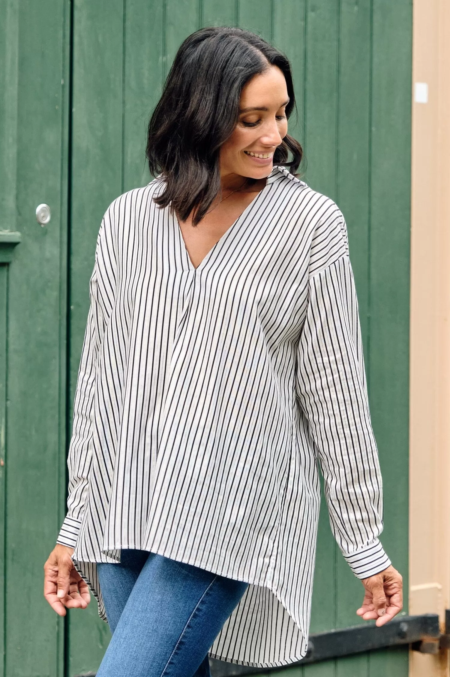 Carolina Long Sleeve*Lynette Collared Long Sleeve Shirt Striped Navy with Lurex