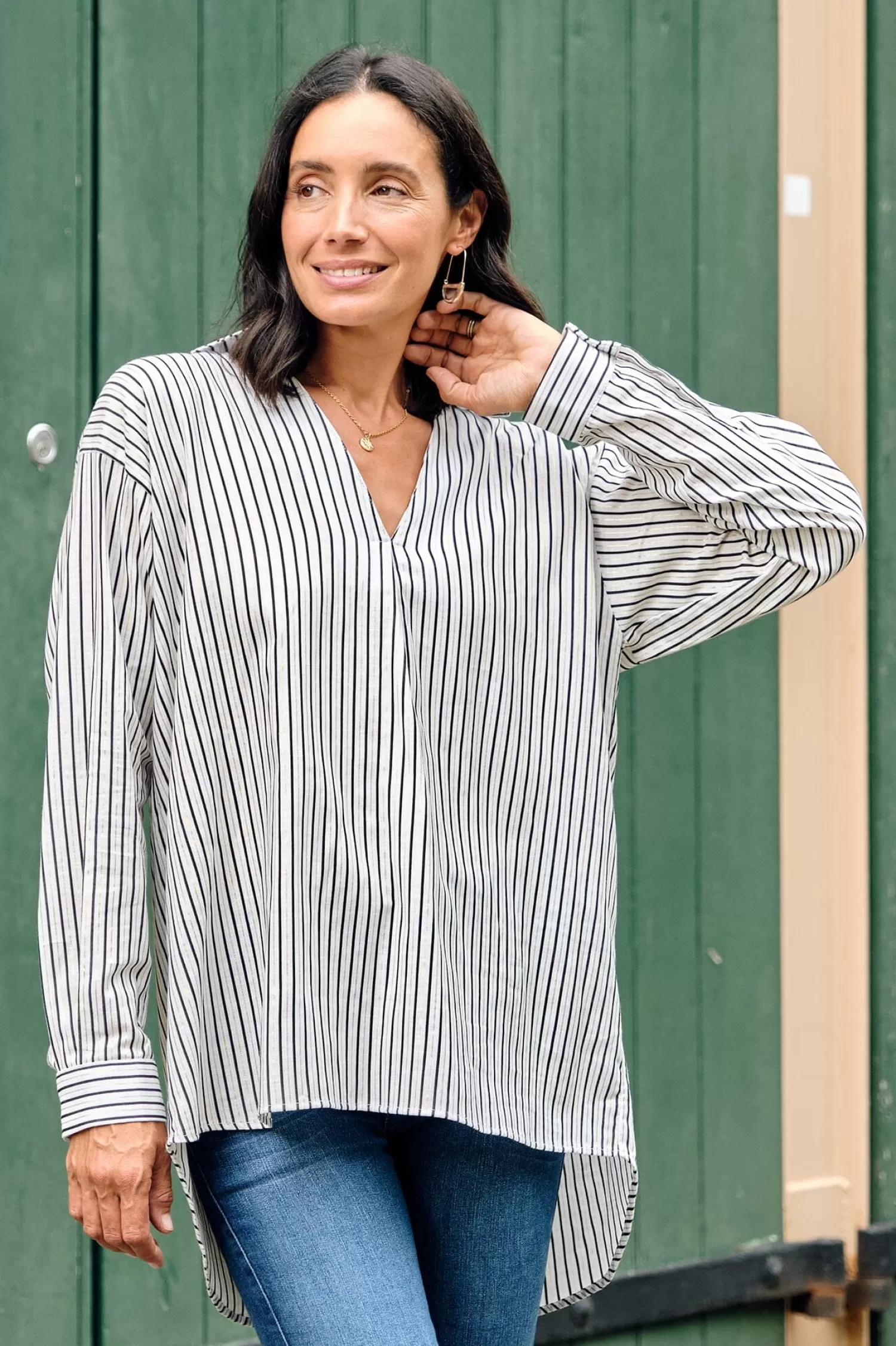 Carolina Long Sleeve*Lynette Collared Long Sleeve Shirt Striped Navy with Lurex