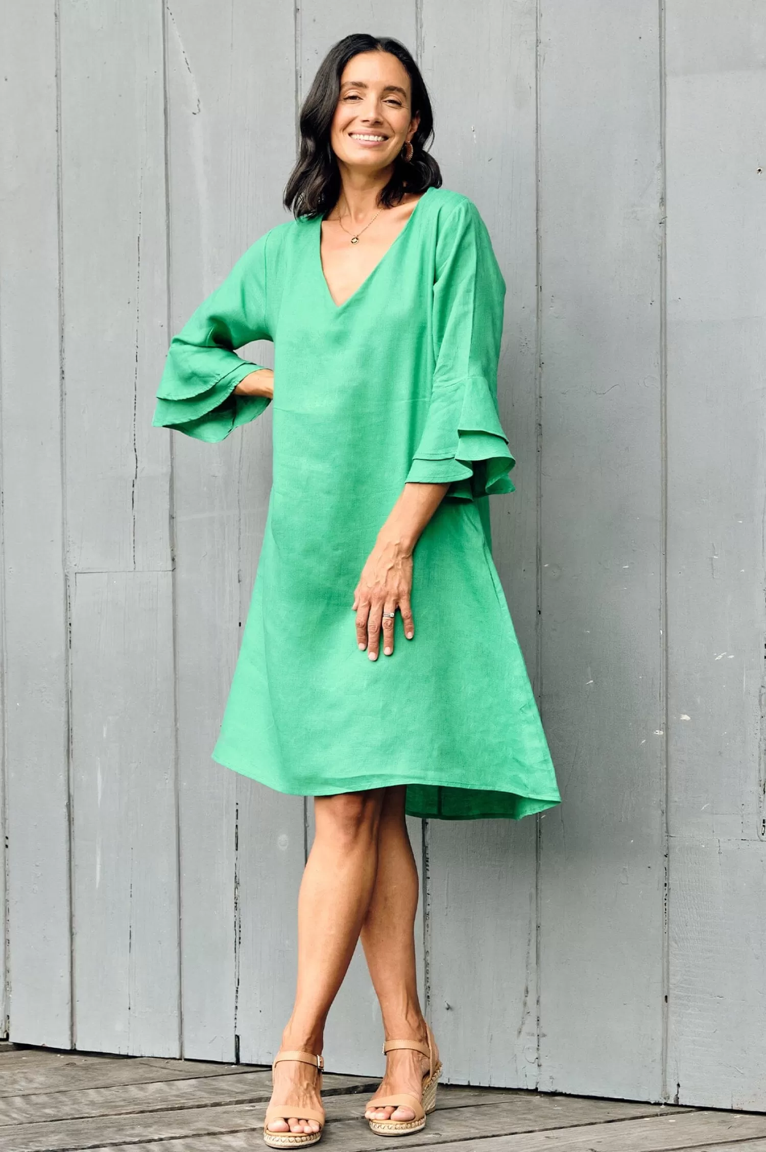 Carolina Short Sleeve*Mari Pure Linen Dress Emerald