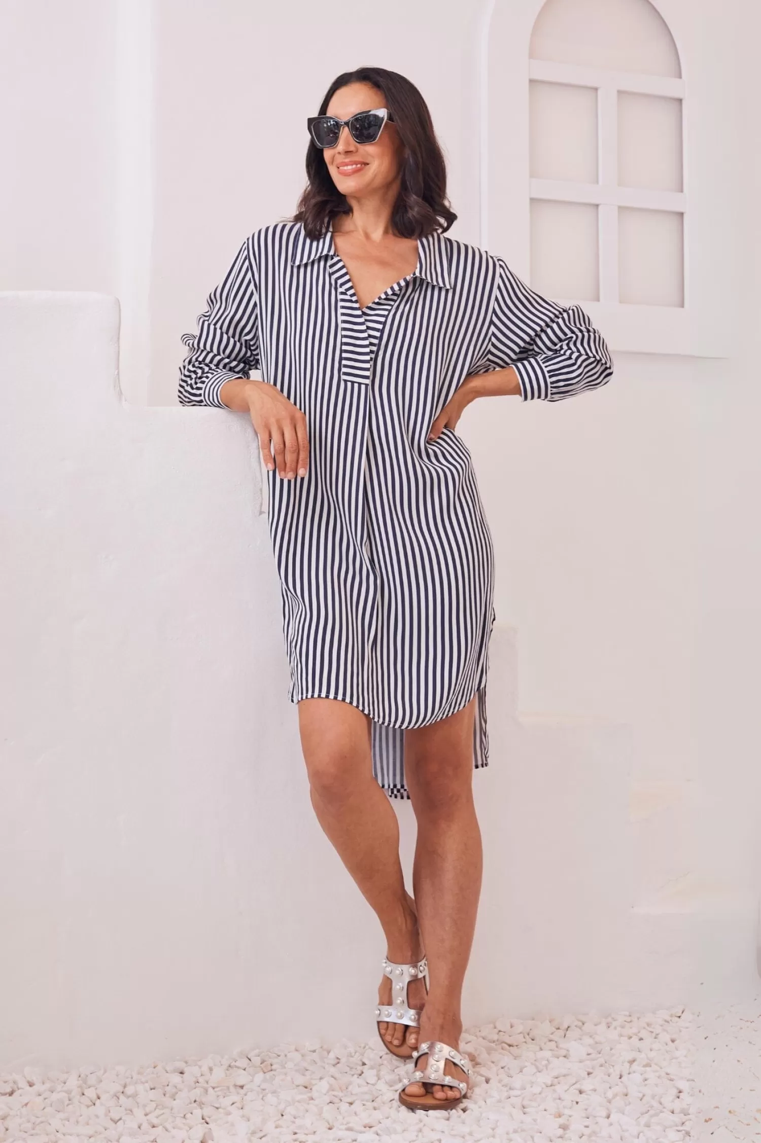 Carolina Short Sleeve | Long Sleeve*Monaco Striped Dress Shirt Dark Navy and White