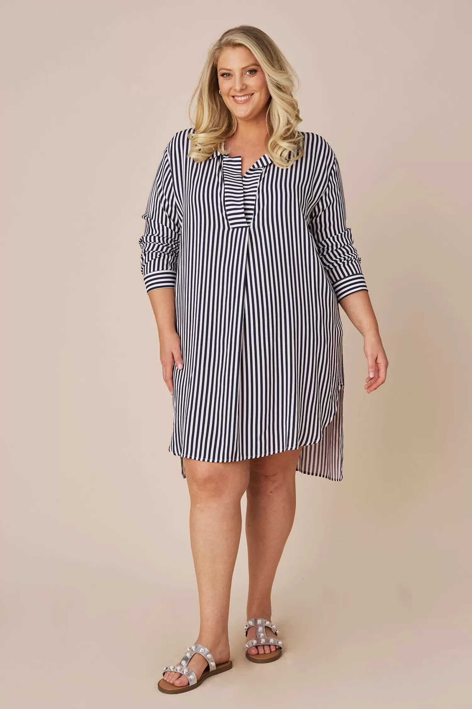 Carolina Short Sleeve | Long Sleeve*Monaco Striped Dress Shirt Dark Navy and White