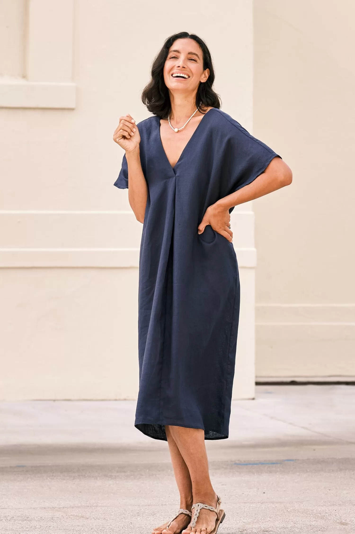 Carolina Short Sleeve*Nadia Pure Linen Dress Navy