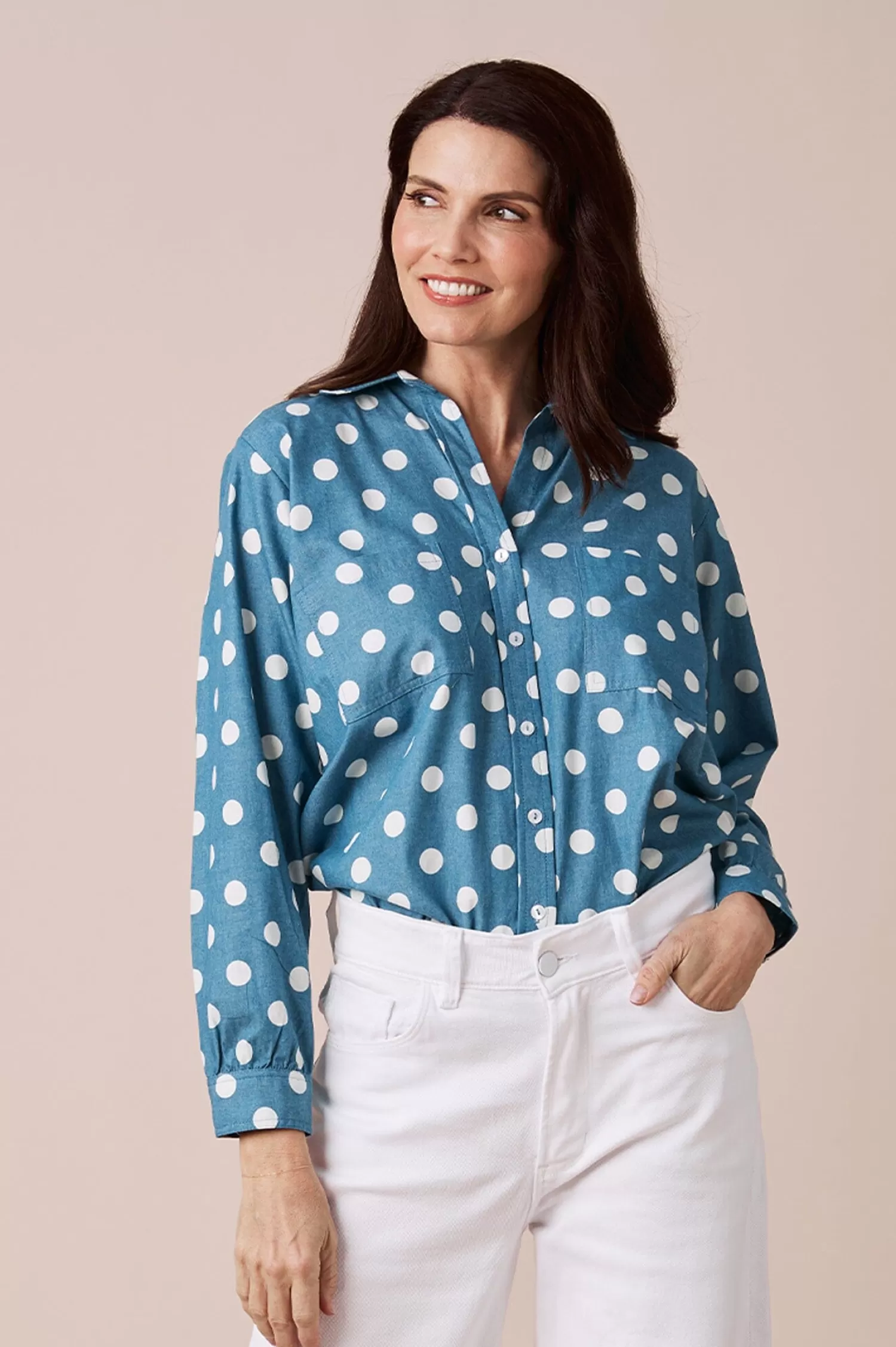 Carolina Long Sleeve*Polka Dots Collared Shirt Navy