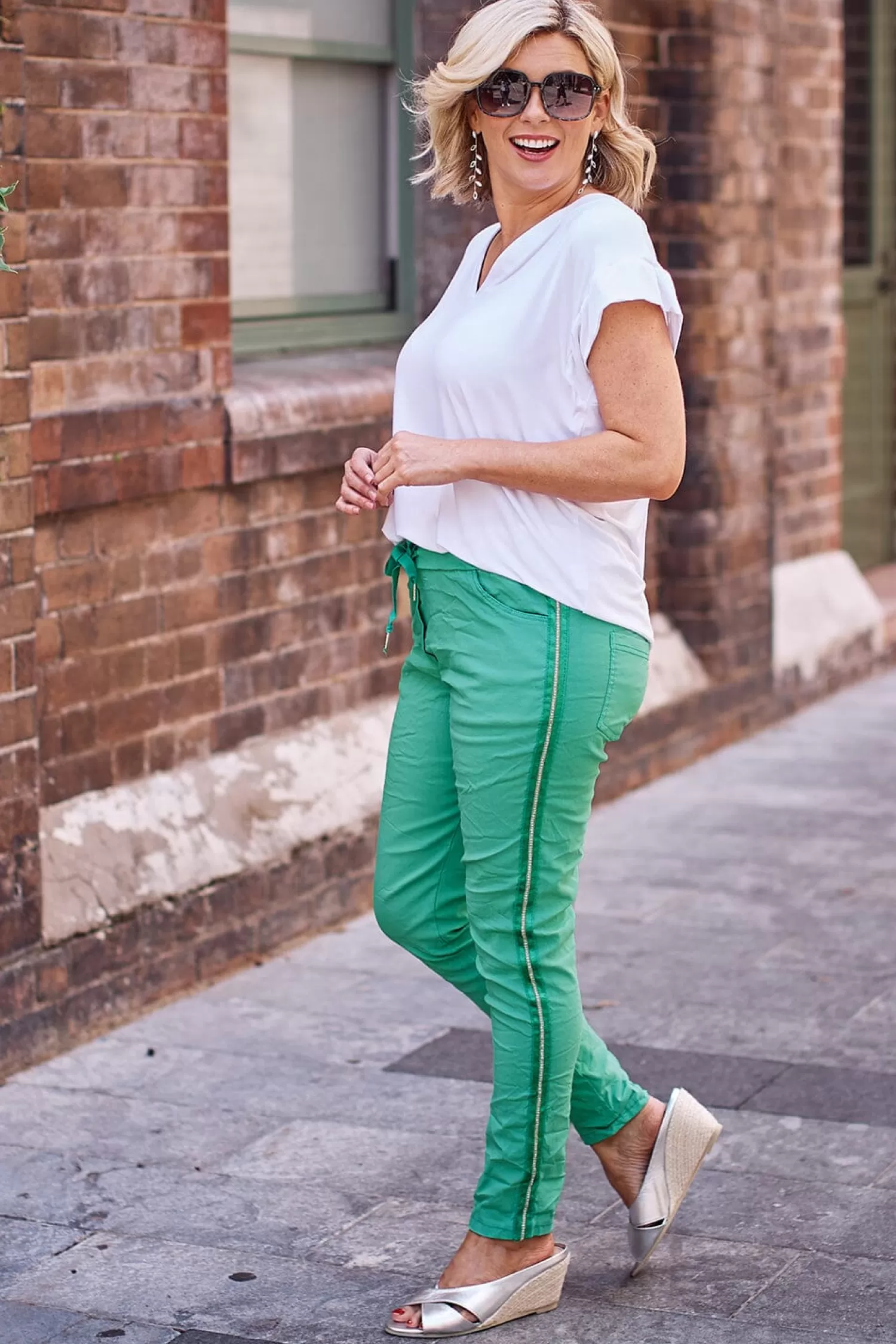 Carolina Joggers*Rhinestone Side Stripe Crinkle Jogger Lime Green