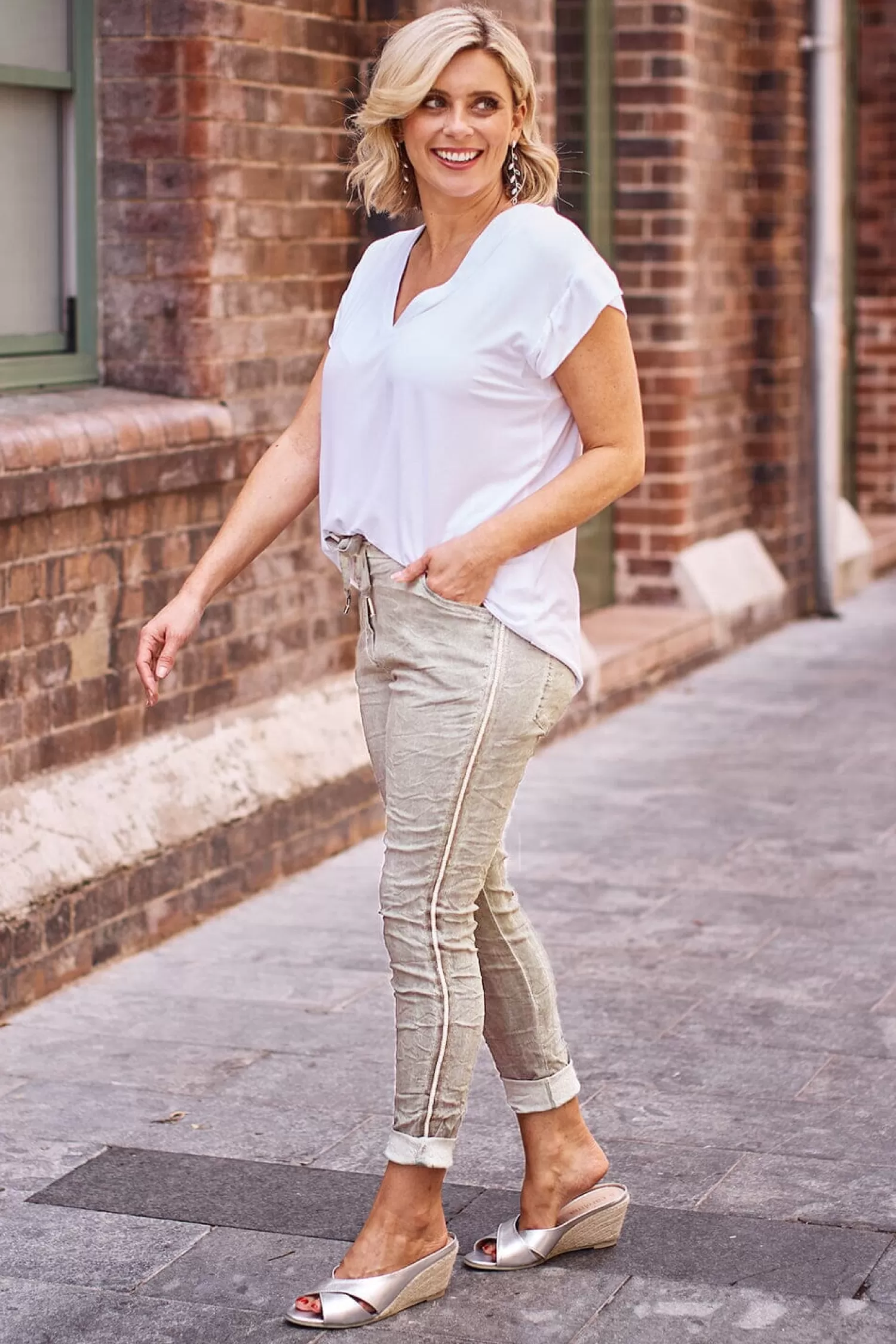 Carolina Joggers*Rhinestone Side Stripe Crinkle Jogger Sand