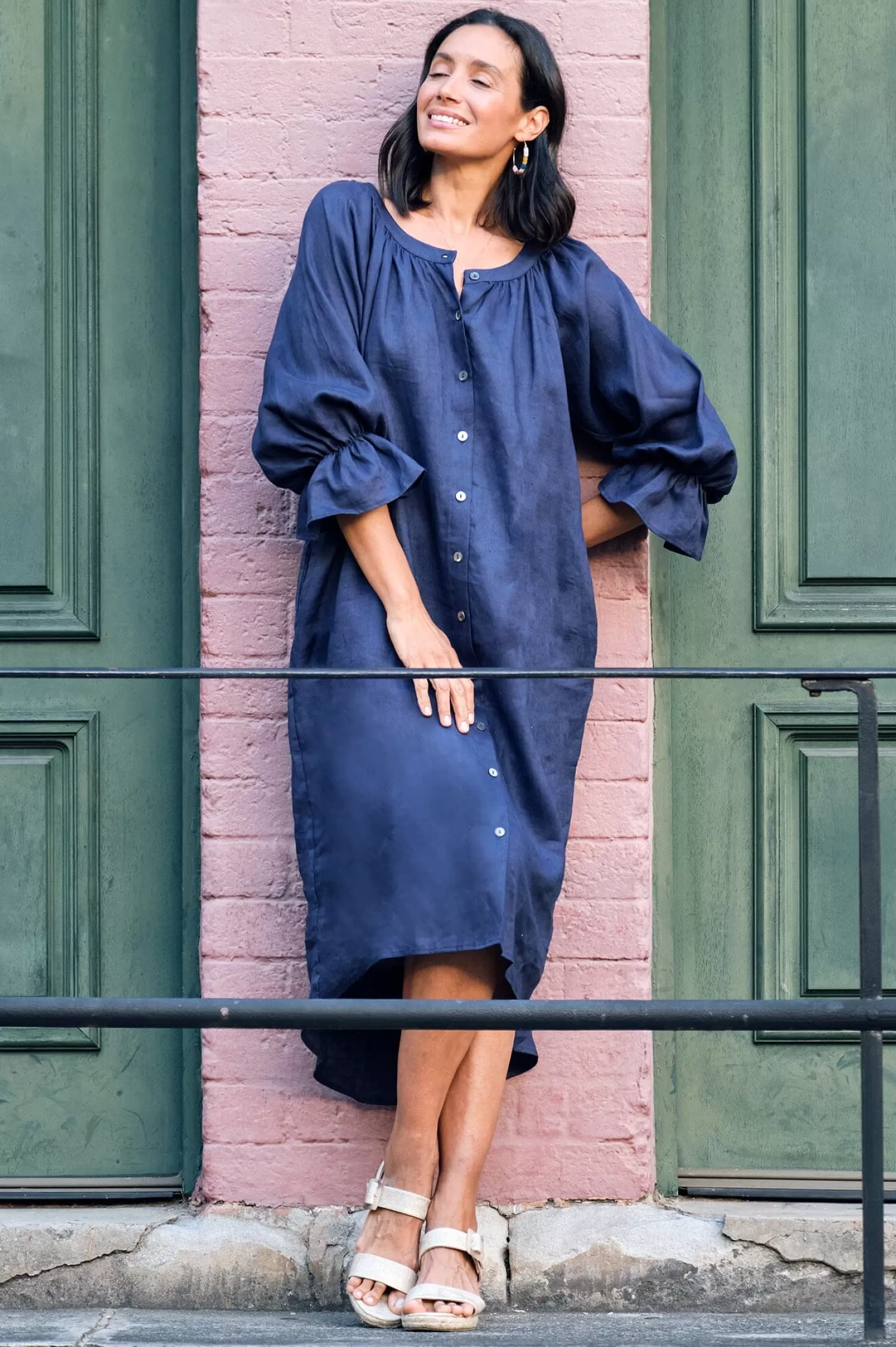 Carolina Long Sleeve | Short Sleeve*Sandra Linen Long Sleeve Dress Navy