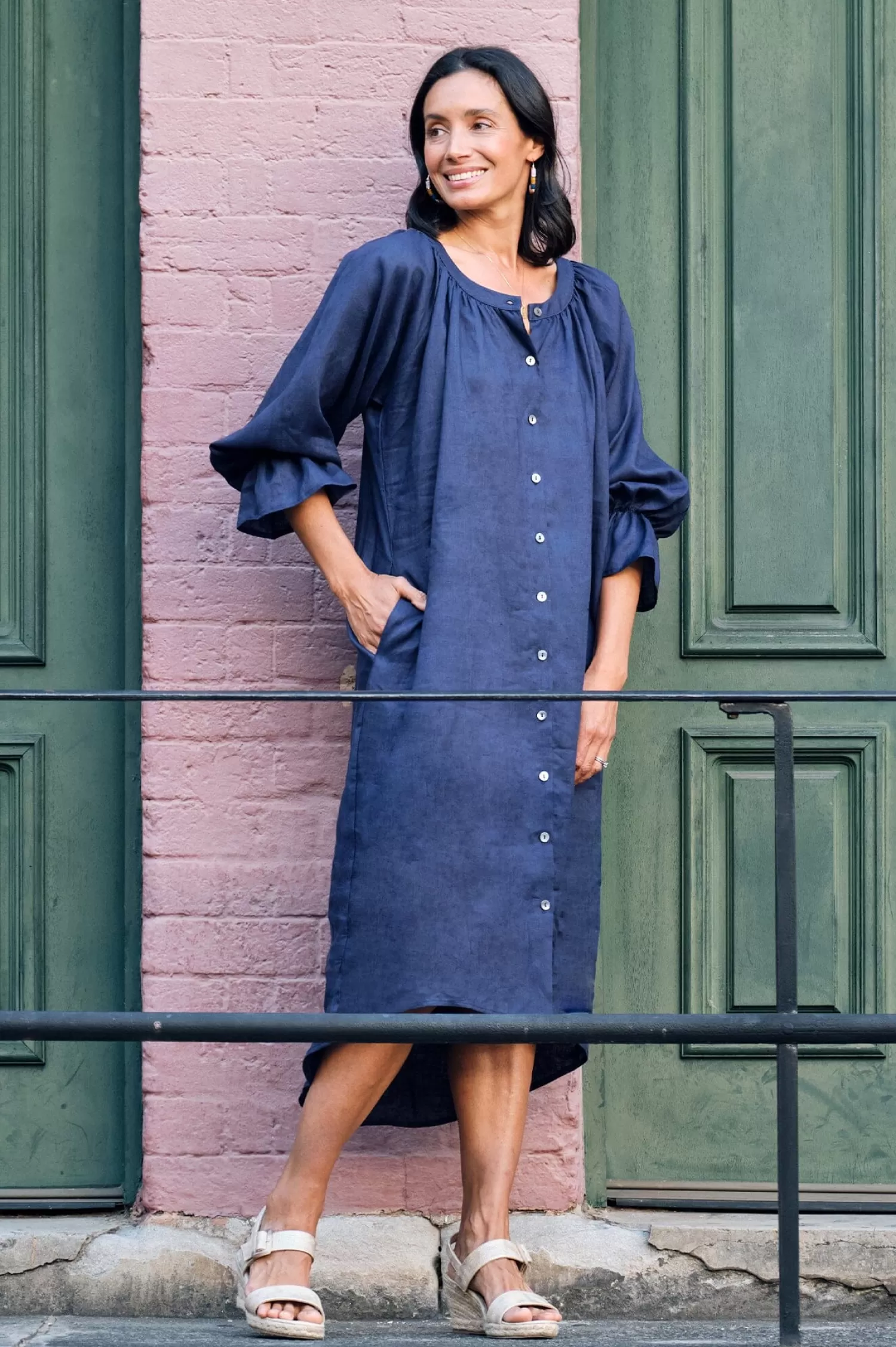 Carolina Long Sleeve | Short Sleeve*Sandra Linen Long Sleeve Dress Navy