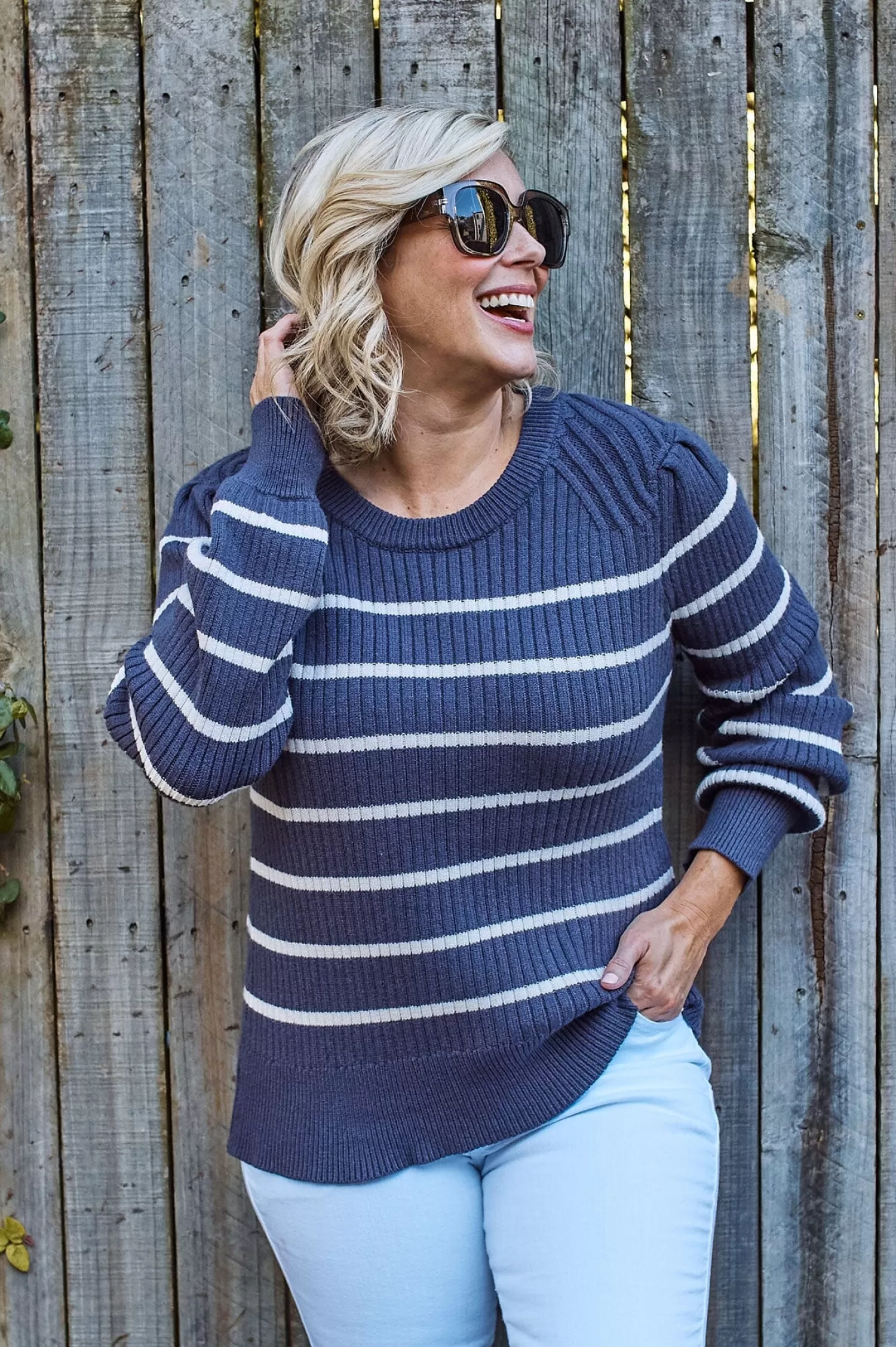 Carolina Knitwear*Sarah Sweater Navy and Ivory