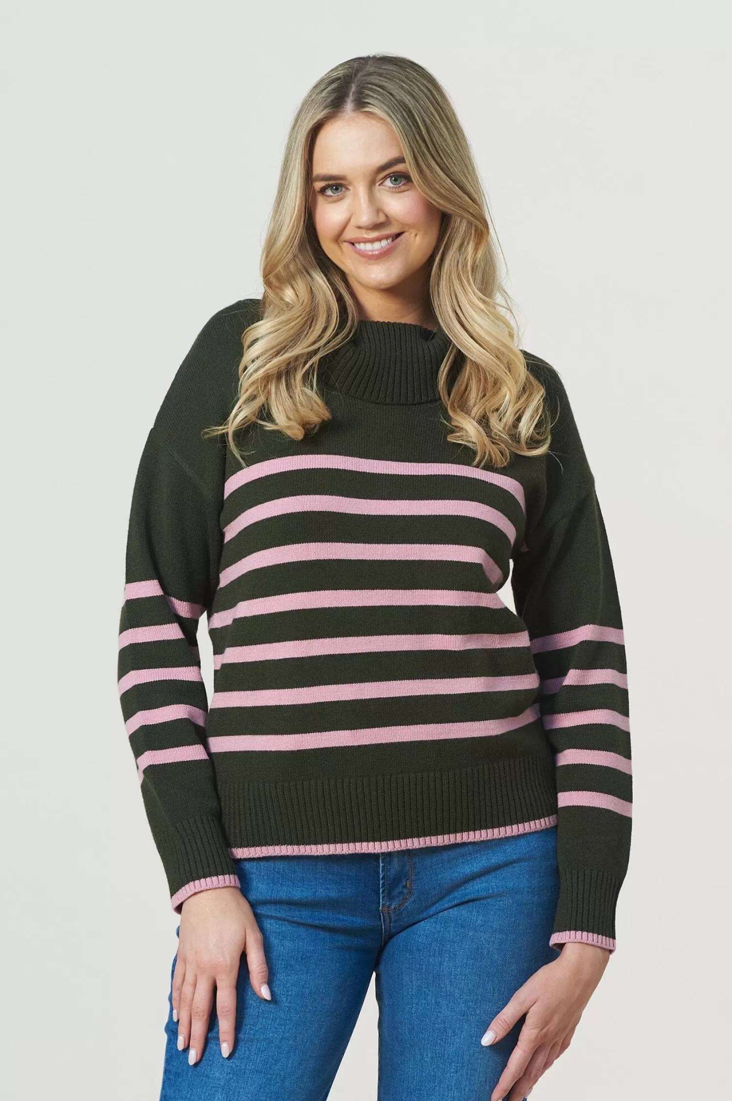 Carolina Knitwear*Tamara Striped Jumper Forest Green & Blush