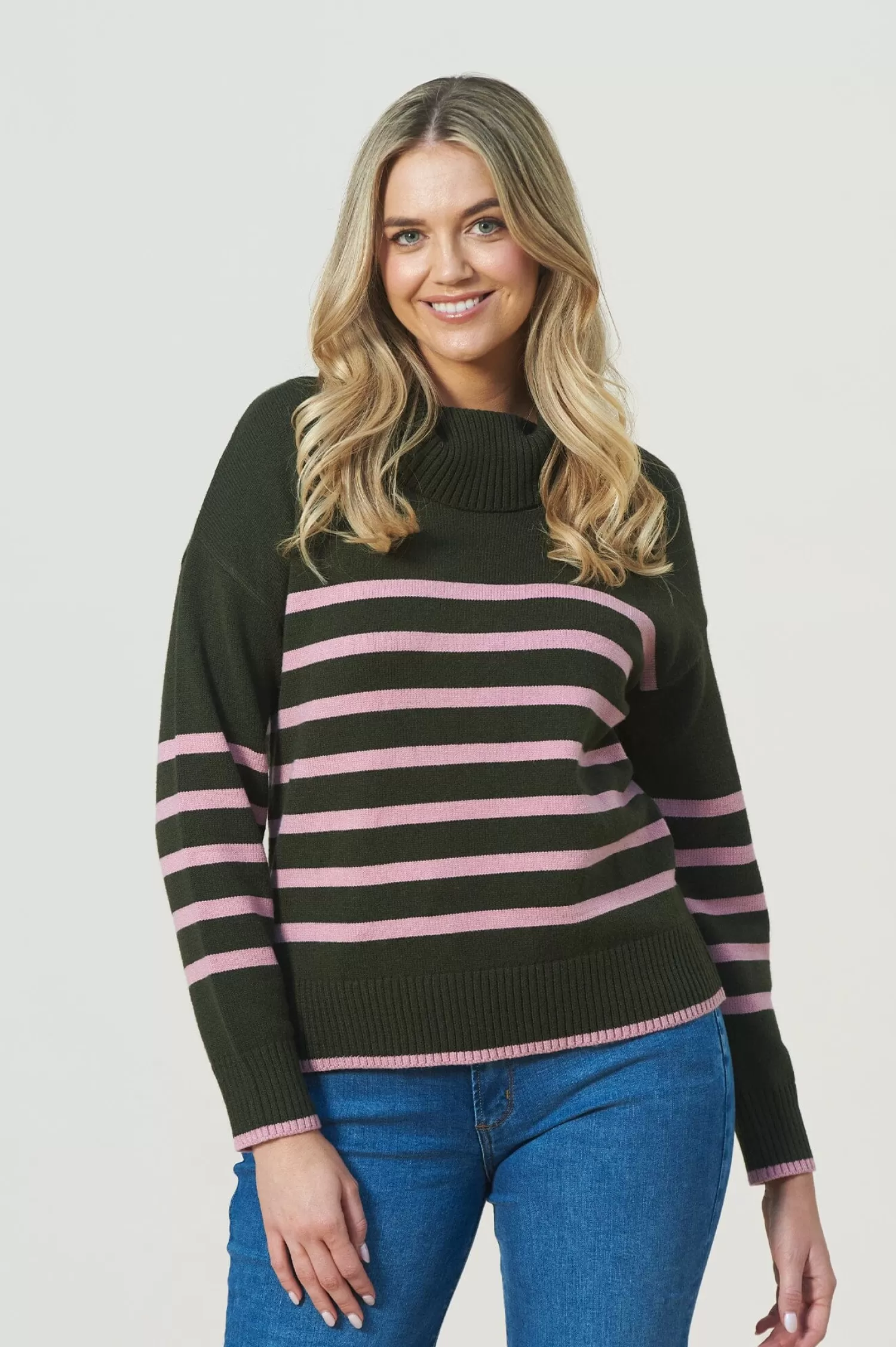 Carolina Knitwear*Tamara Striped Jumper Forest Green & Blush