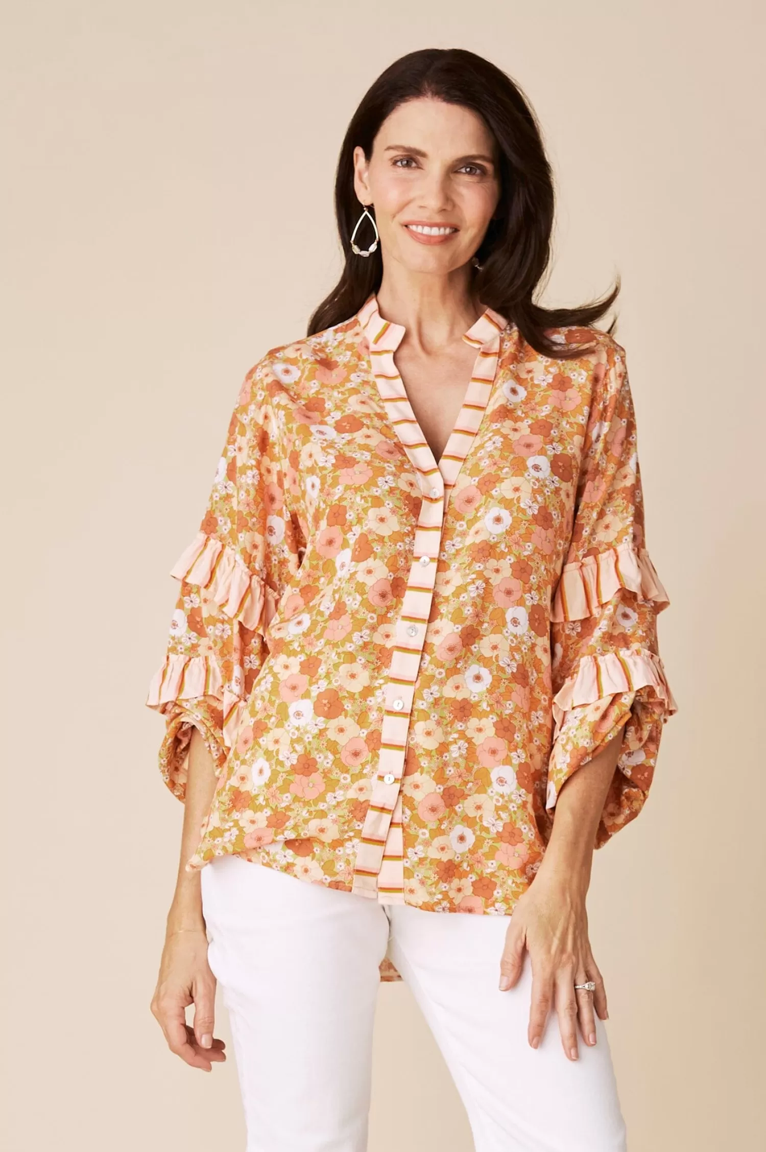 Carolina Long Sleeve*Valletta Long Sleeve Top Dana Print Papaya