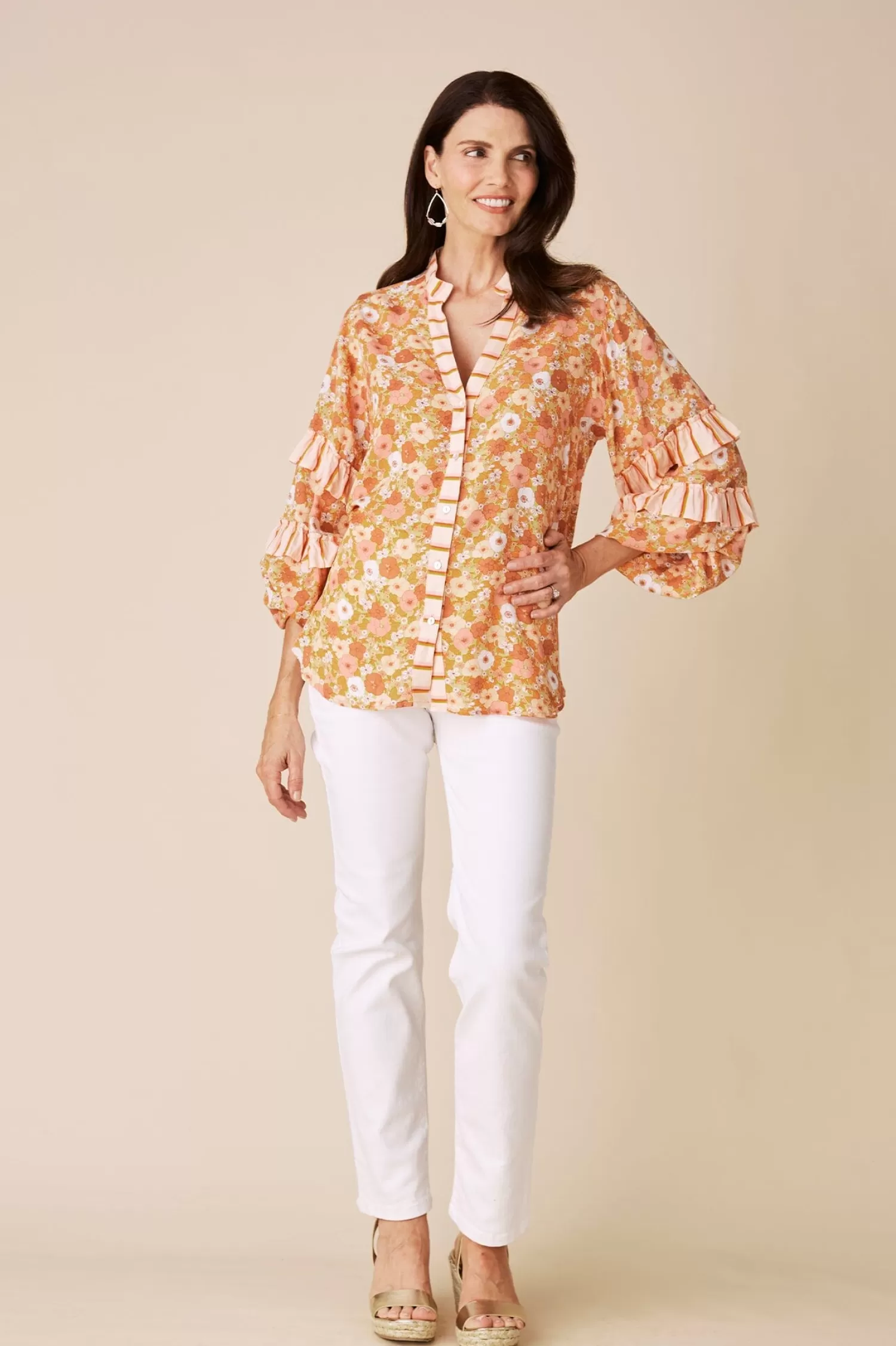 Carolina Long Sleeve*Valletta Long Sleeve Top Dana Print Papaya