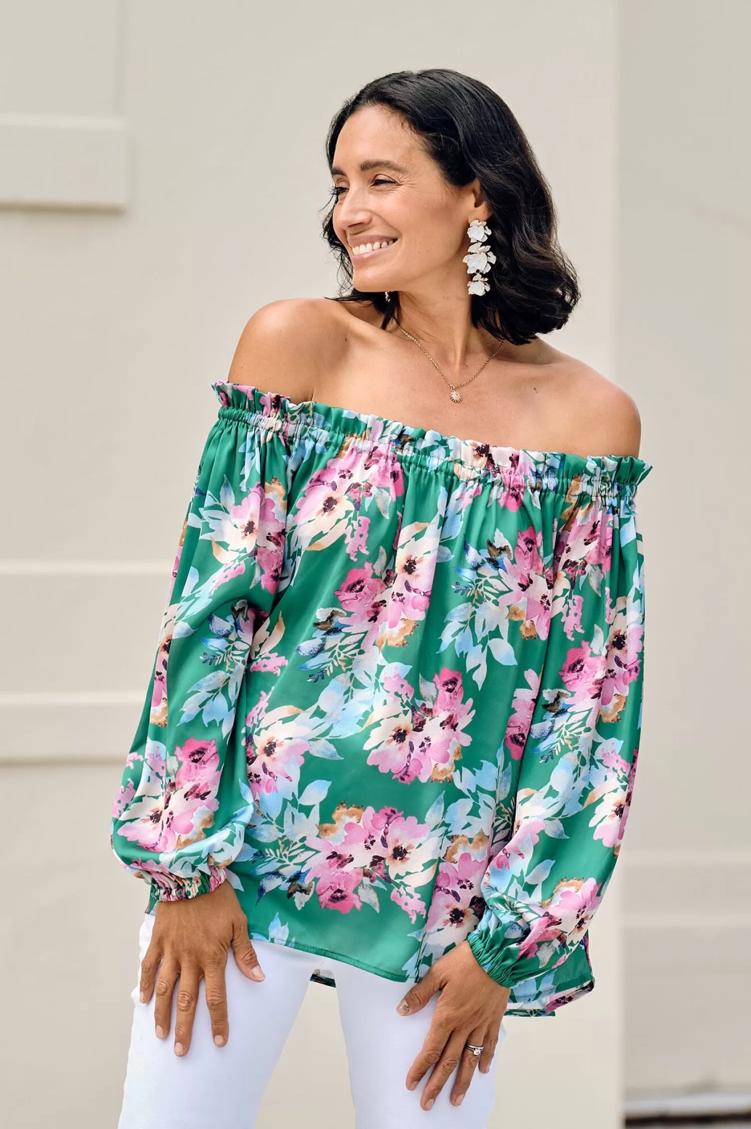 Carolina Short Sleeve*Xenia Off Shoulder Top Bella Print Emerald