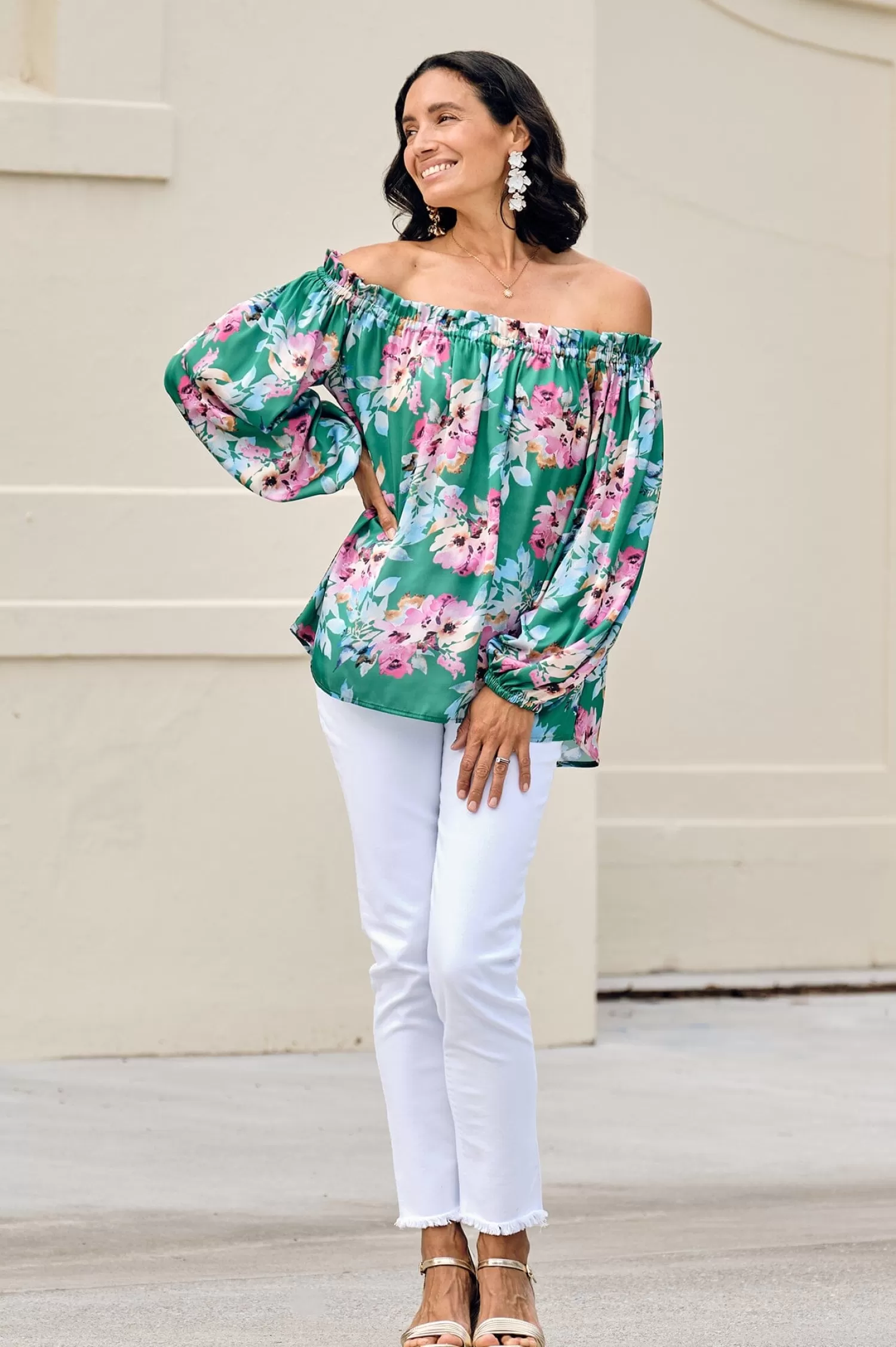 Carolina Short Sleeve*Xenia Off Shoulder Top Bella Print Emerald