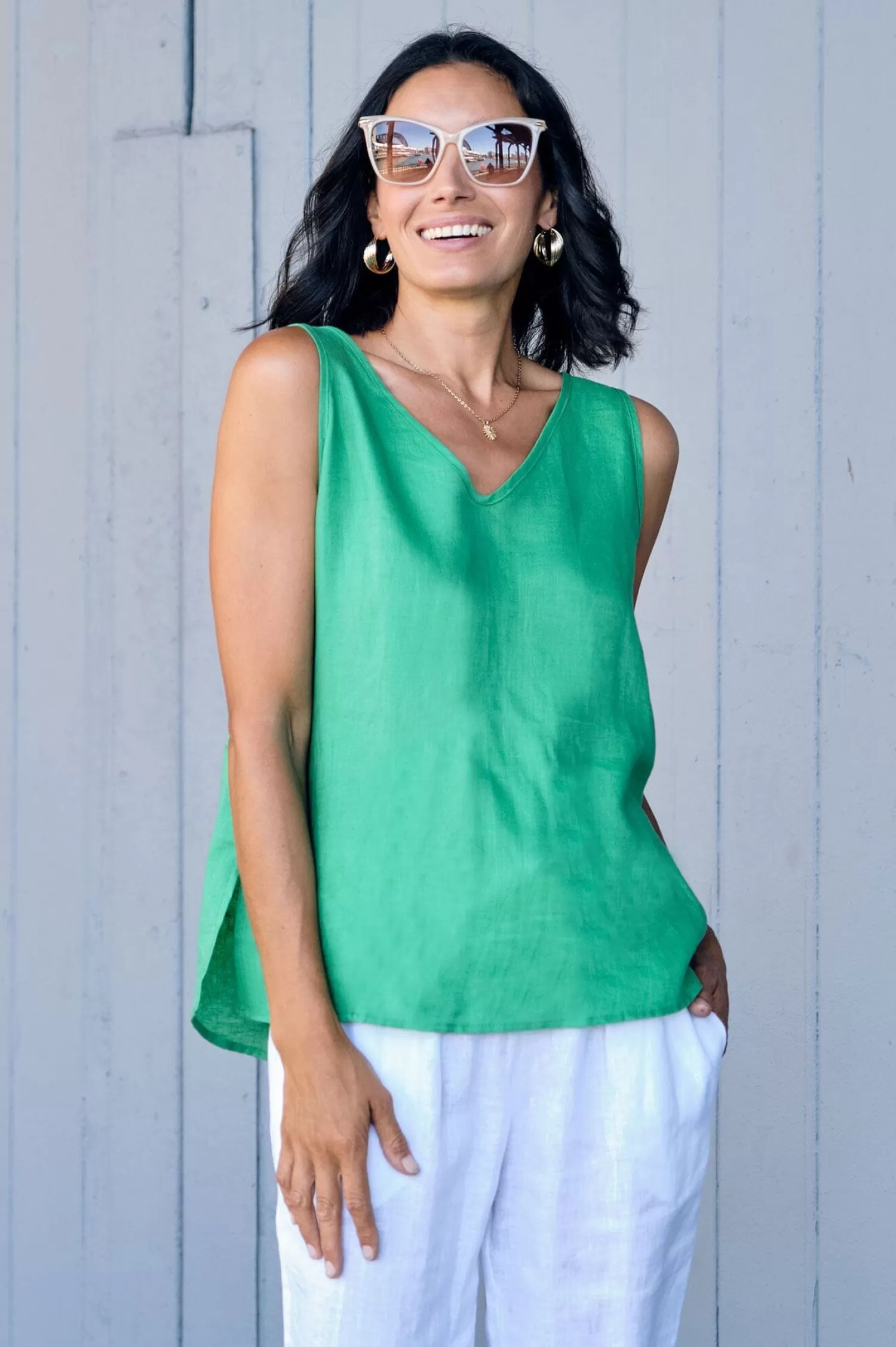 Carolina Short Sleeve*Zoe Linen Sleeveless Top Emerald