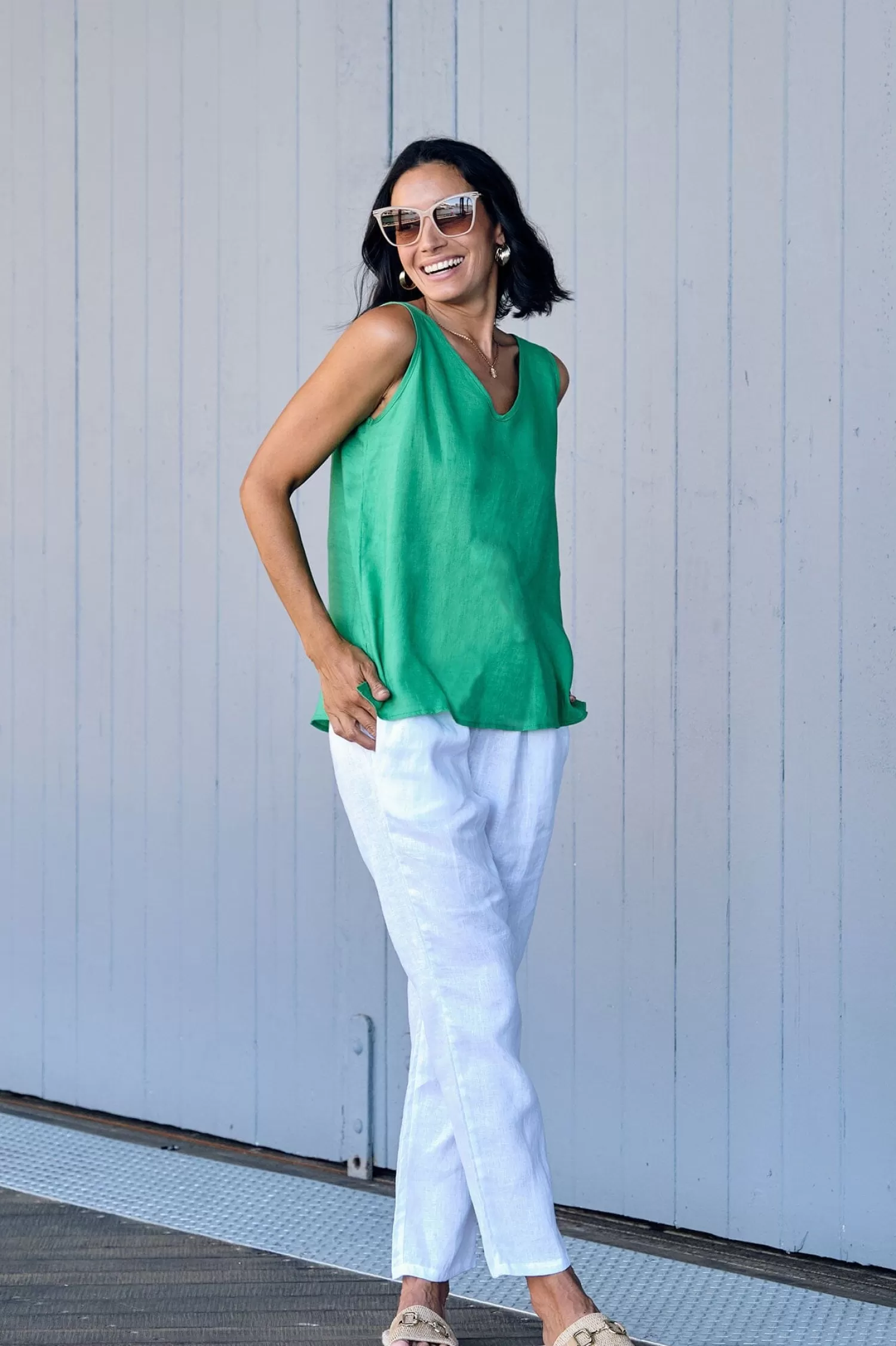 Carolina Short Sleeve*Zoe Linen Sleeveless Top Emerald